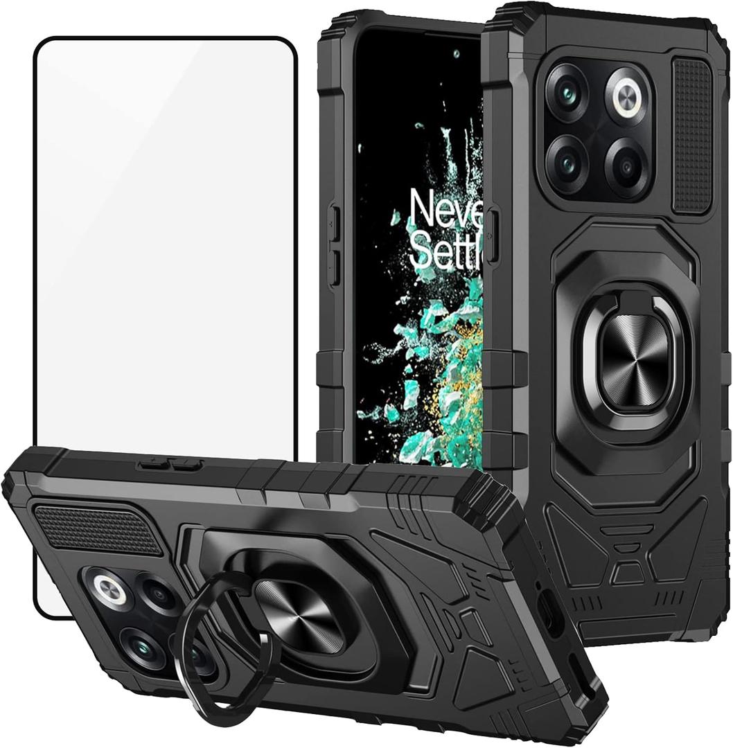 Ailiber Case for OnePlus 10T 5G with Tempered Glass Screen Protector, Ring Kickstand for Magnetic Car Mount, Heavy Duty Shockproof Protective Hard Phone Cover - Black
