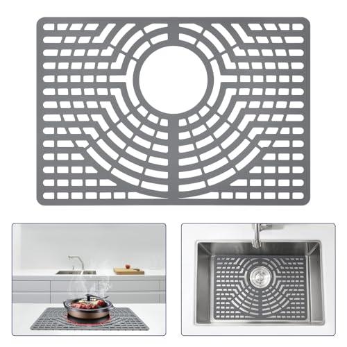 Snuggery Silicone Sink Protector 19"x13" Rear Drain Hole, Heat Resistant Non-slip Dishwasher Suitable, Sink Mat for Bottom of Farmhouse Kitchen Stainless Steel Sinks(Grey)