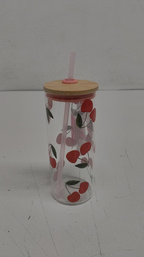 Glass Cup with Straw and Lids Cherry decoration