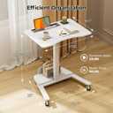 28" Mobile Standing Desk with Storage, Rolling Laptop Desk | Height Adjustable Portable Desk with Wheels & Cup Holder, Stand up Desk for Study, Ideal for Home Office, Classroom, White