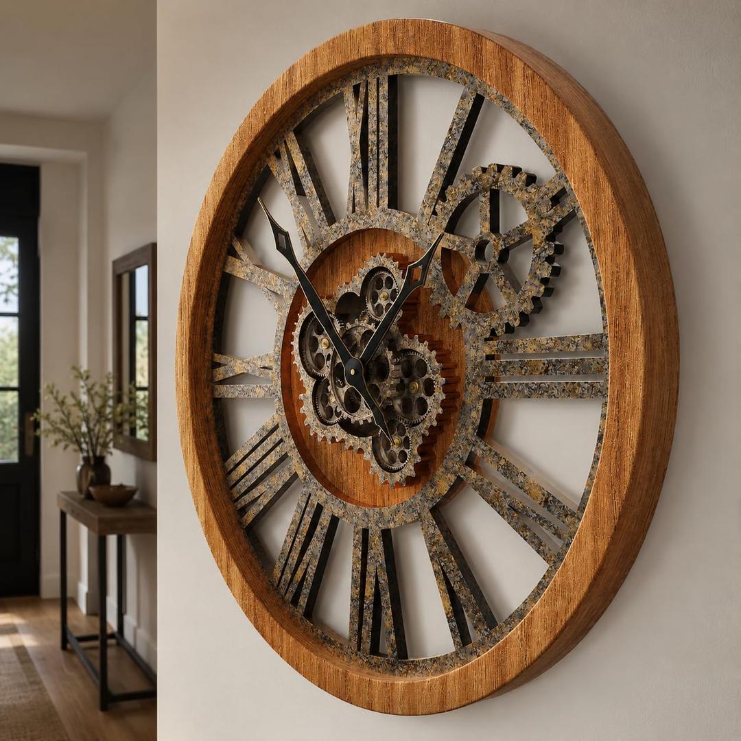 HOIBAI Large Wall Clock 24 Inch Vintage Brown