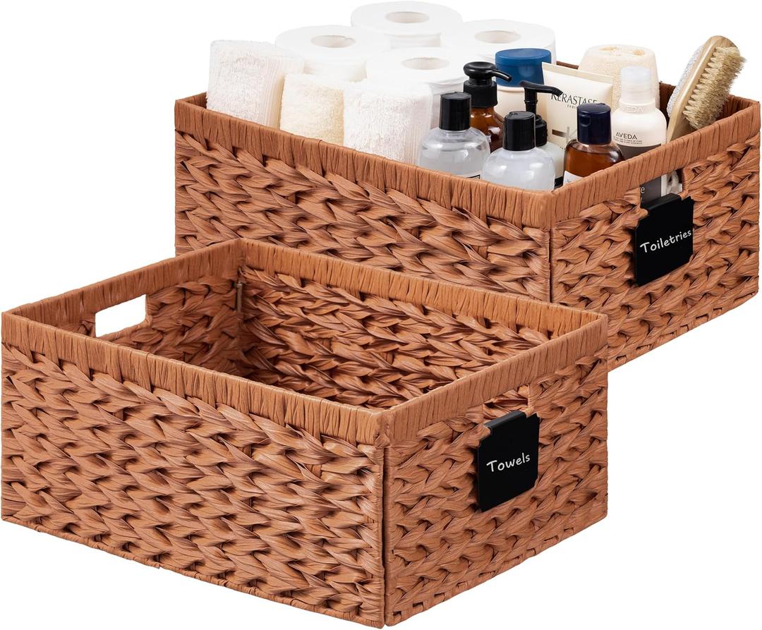 UBBCARE Storage Baskets with Label, Wicker Pantry Baskets for Shelves, Waterproof Woven Basket for Organizing, 2-Pack Plastic Rectangle Organizers with Handles,Light Brown (16.5L13W7.5H)