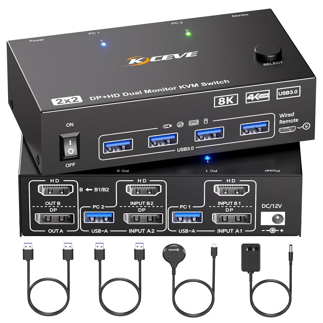 KVM Switch 2 Monitors 2 Computers Displayport HDMI 4K@144Hz, USB3.0 Dual Monitor KVM Switch for 2 Computers Share 2 Monitors and 4 USB Peripherals,Wired Remote 12V Adapter and 2 USB Cable
