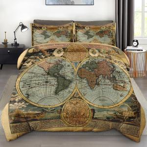 Comforter Set Queen Size, Vintage World Map Soft 3 Pcs Bedding for Kids and Adults, Old Ancient America Comforter Set with 2 Pillowcases for Bedroom Bed Decor