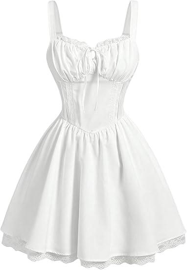 SOLY HUX Women's Lace Mini Dress Sleeveless Ruched Bust A Line Flared Cami Dresses (Small)