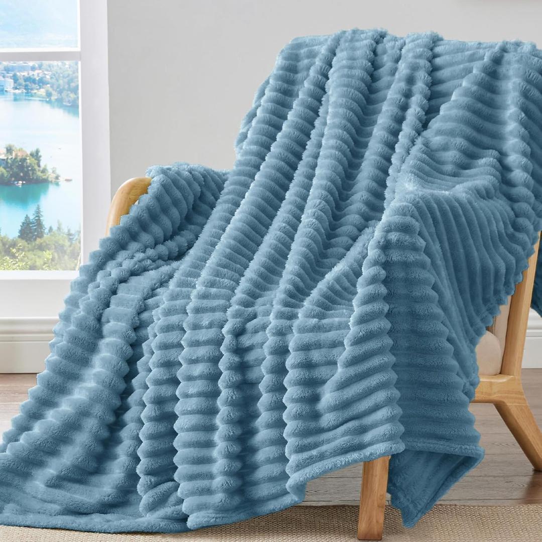 BEDELITE Fleece Throw Blanket for Couch - 300GSM Soft & Warm Fluffy Light Blue Blanket, Decorative and Giftable Striped Blankets for Women, Men, 50"x60"