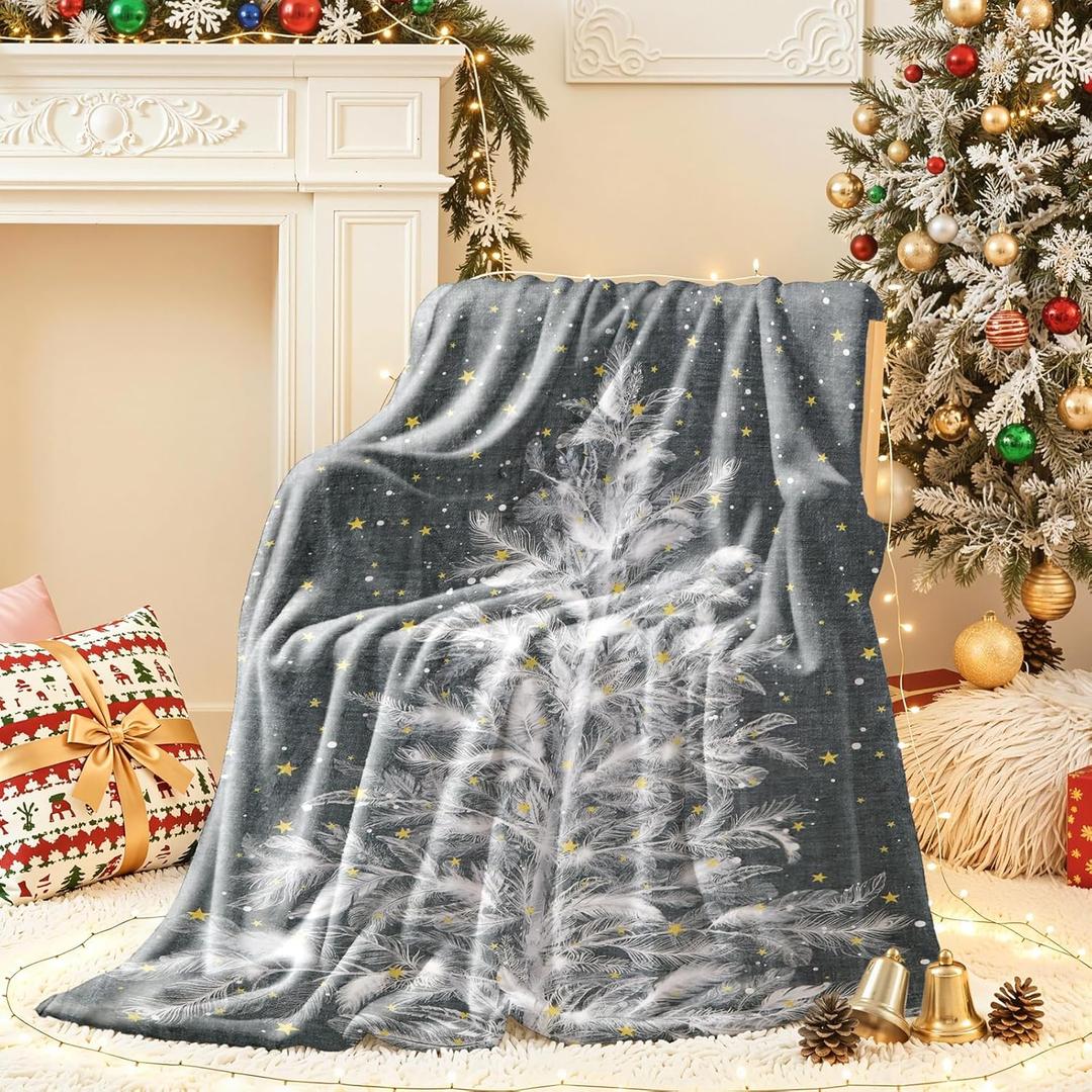 Lahome Christmas Blanket, Christmas Decorations Gifts for Women, Flannel Fleece Winter Holiday Blanket, Fluffy Cozy Soft Christams Throws for Couch Sofa Bed, ChristamsTree Pattern, Gray, 50" X 60"