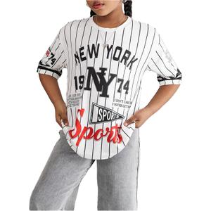 RoseSeek Girl's Jersey Shirts Letter Striped Graphic Tees Crewneck Y2K Tops Football Jersey Streetwear (White)