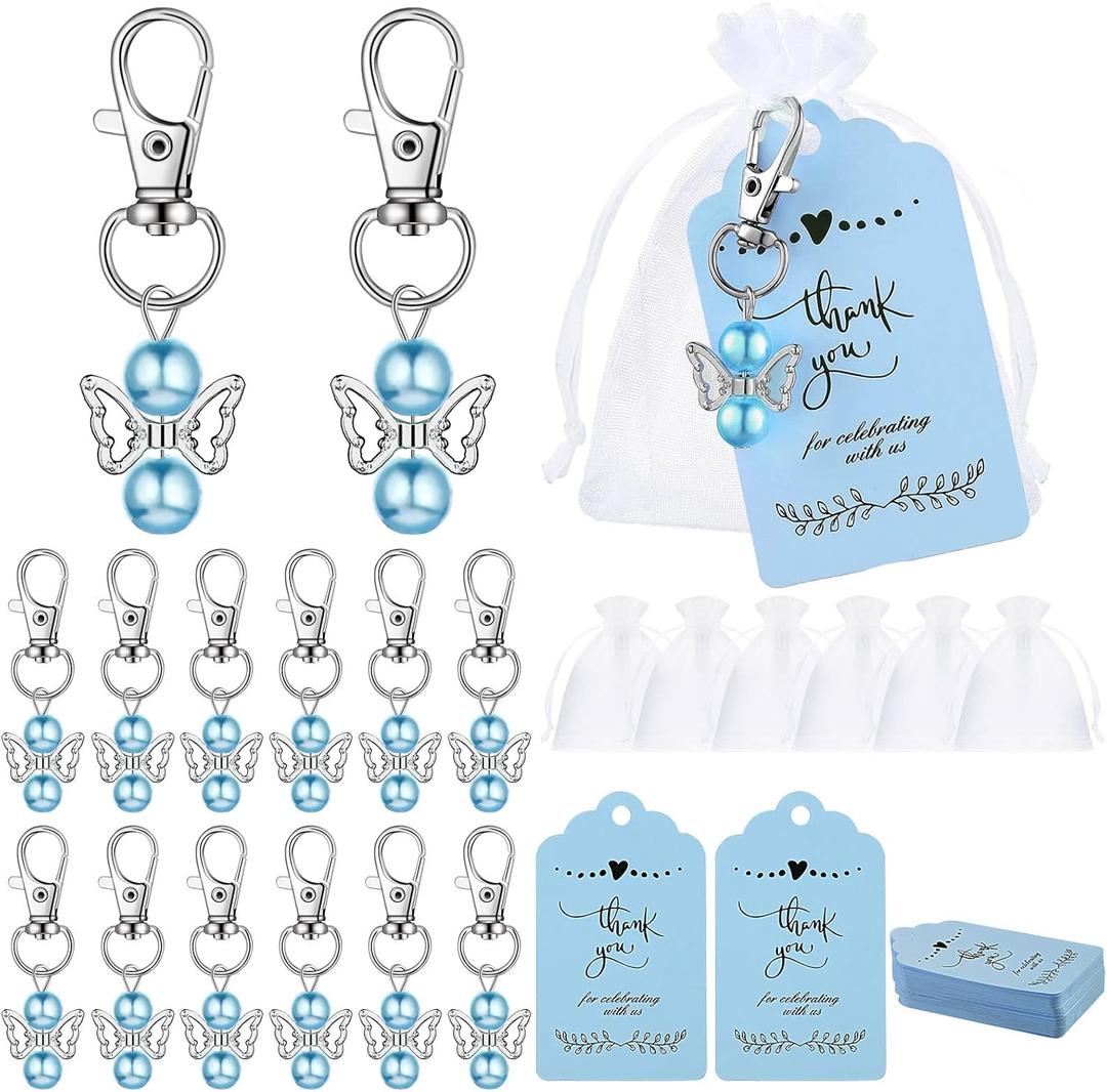 Hicarer 60 Sets Angel Keychains Baby Shower Favors 60 White Organza Gift Bags with Thank You Tags Angel Keychains for Guest (Blue)