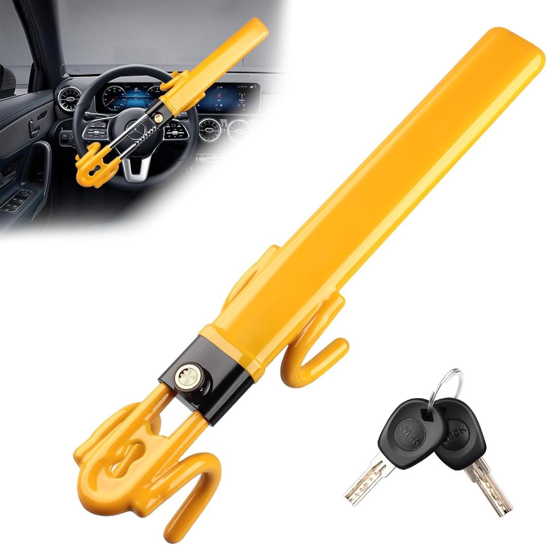 Steering Wheel Lock,Heavy Duty Anti-Theft Car Device with Double Hooks Design for Enhanced Vehicle Protection,Adjustable Length Locking with 2 Keys Universal Fit (Yellow)
