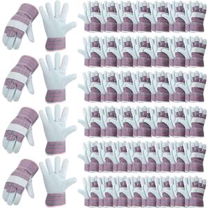 Jiuguva 48 Pairs Leather and Cotton Work Gloves Bulk Gardening Gloves for Men Women Padded Heavy Duty Gloves with Reinforced Palms and Safety Cuff for Landscaping Construction Working, Red and Blue