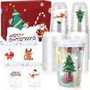 16oz Christmas Disposable Plastic Cups with Strawless Sip Lids-Xmas Tree Santa Reindeer Snow Cold Drinks, Coffee, Beer, Drinks, Ice Cream, Drinking Cups for Holiday Party Supplies. (50)