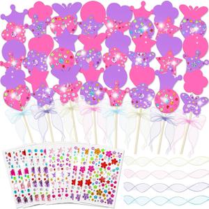 Juexica 20 Pcs Princess Fairy Wands Kit Include 6 Styles Unfinished Wooden Princess Accessories, 4 Pcs Gem Stickers, 4 Rolls Ribbons Make Your Own Fairy Wands for Christmas Kid Birthday (Pink, Purple)