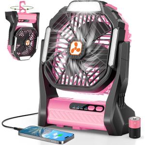 Portable Rechargeable Fan, 20000mAh Cordless Battery Powered Camping Tent Fans with SOS & LED Lantern, Small USB C Operated Outdoor Ventiladores for Travel Camp Fishing Office Home Essentials (Pink) (Large)