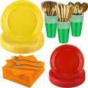 Aodaer 400 Pieces Colorful Dinnerware Set, Disposable Party Supplies Include 7/9 Inch Yellow Red Plastic Plates Green Cups Cutlery Napkins for Rainbow Birthday Party Decor, Serve 50 Guest