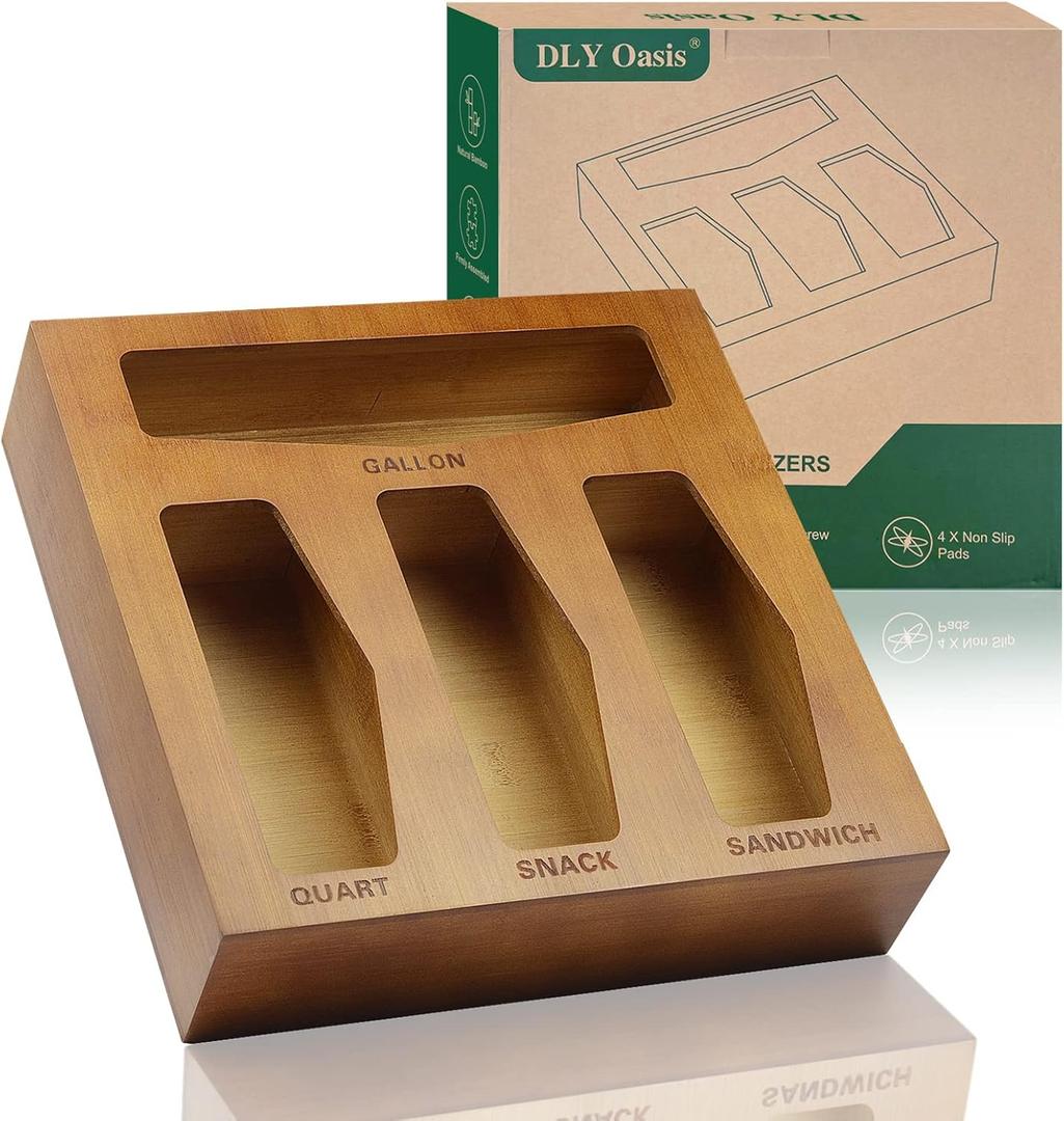 KMC Bamboo Ziplock Bag Organizer, 12 x 13.2 x 3 Inch,   Ziplock Bag Storage Organizer: Wooden Food Bags Container for Kitchen Drawer Compatible with Ziploc, Solimo, Hefty, Glad.