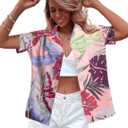 Women Hawaii Shirts: Soft Cool Floral Tropic Print V Neck Summer Tops Short Sleeve Button Up Tops T-Shirt (XL)
