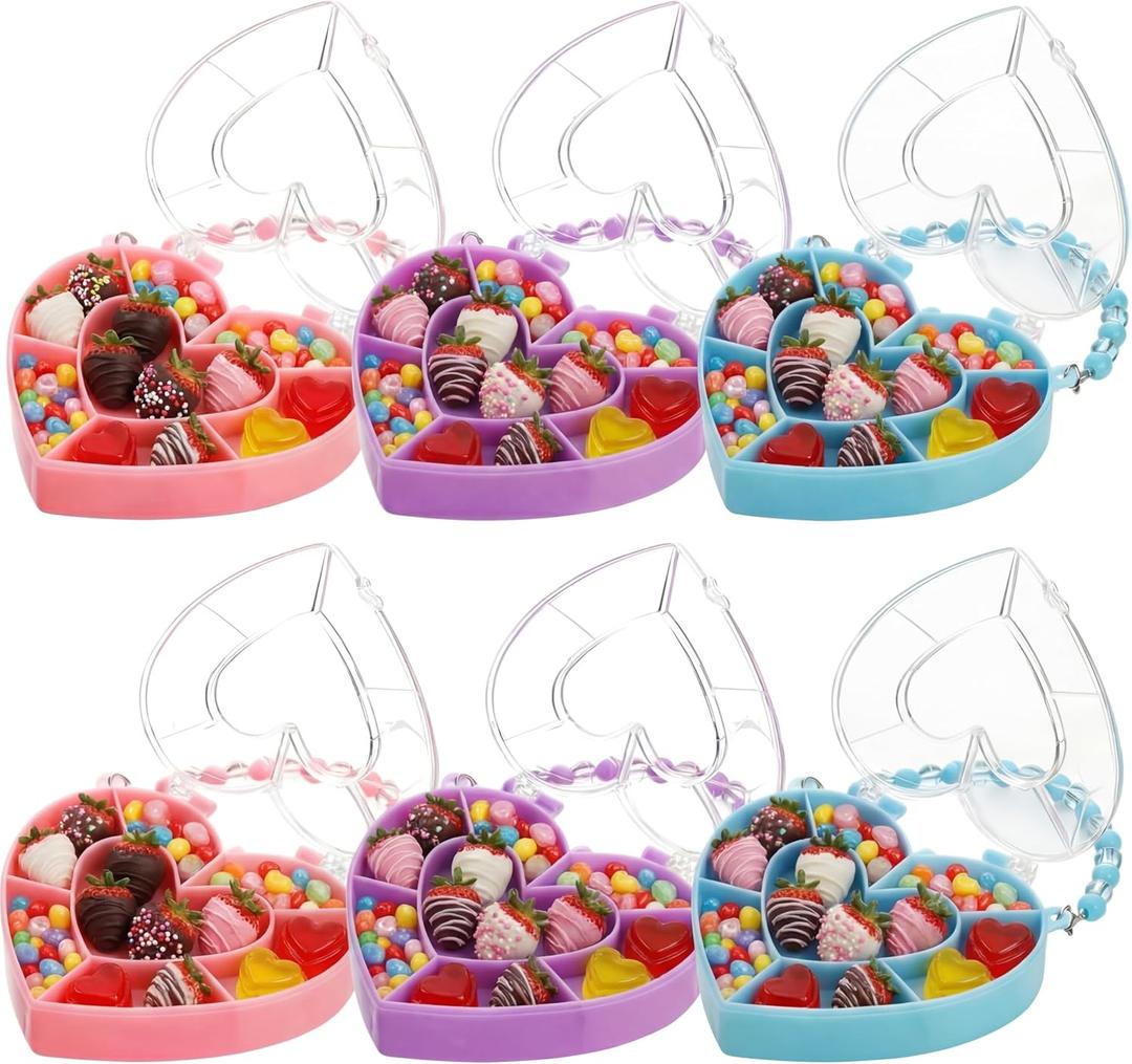 Cunno 6 Pack Valentines Day Containers Heart Shaped Food Containers Large Plastic Snack Box Food Storage with Handle Divided Serving Tray Portable Jewelry Organizer for Candy Fruit(Purple, Pink, Blue)