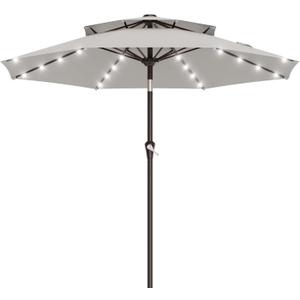 AreShark 9ft 2 Tiers Patio Umbrella with Solar Lights, Outdoor Umbrella w/ 32 LED Lights&8 Sturdy Ribs, Table Umbrella for Deck, Backyard, Pool(Light Gray)