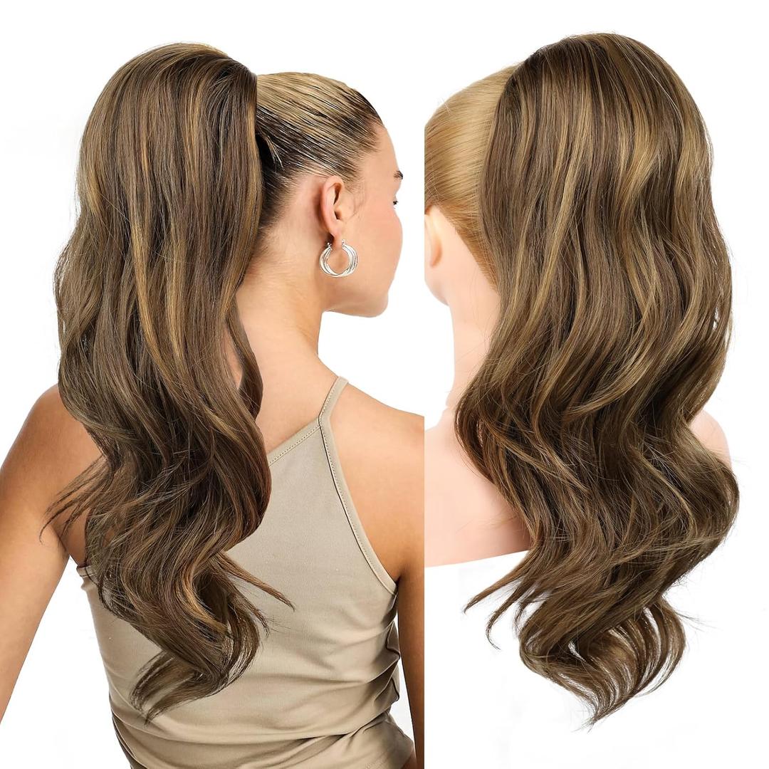 REECHO Ponytail Extension, Drawstring Ponytail Extension Long Wavy Layered Pony Tails Hair Extensions 22inch Natural Clip in Synthetic Hairpiece for Women, Chocolate Brown with Highlights