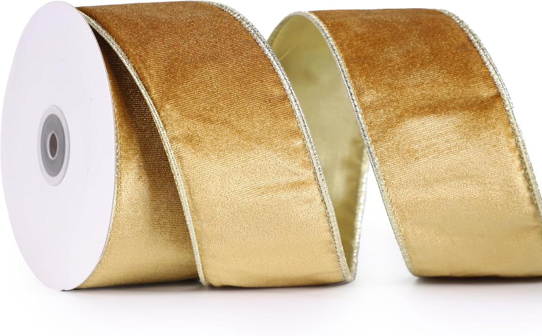 Gold Velvet Ribbon - 2.5" x 10 Yards, Christmas Wired Ribbon for Gift Wrapping, Tree Decorations, Wreaths, Bows, Crafts, Home Decor