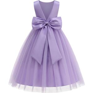 Flower Girl Dress Girls Dresses Wedding Satin V-Back Pearls for Pageant Prom Ball Gowns Party (10-11 Years, Purple)