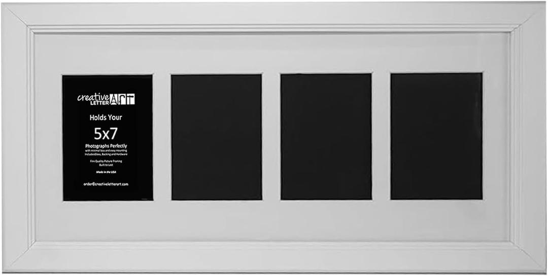 Creative Letter Art 4 Opening Glass Face White Picture Frame to hold 5 by 7 inch Photographs including 10x24-inch White Mat Collage