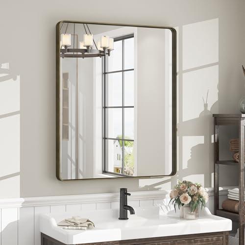 CHARMOR 28x32 Bronze Bathroom Mirror, Brushed Metal Bathroom Vanity Mirrors for Wall, Rounded Corner Bronze Rectangle Mirror for Farmhouse, Bedroom, Anti-Rust (Horizontal/Vertical)