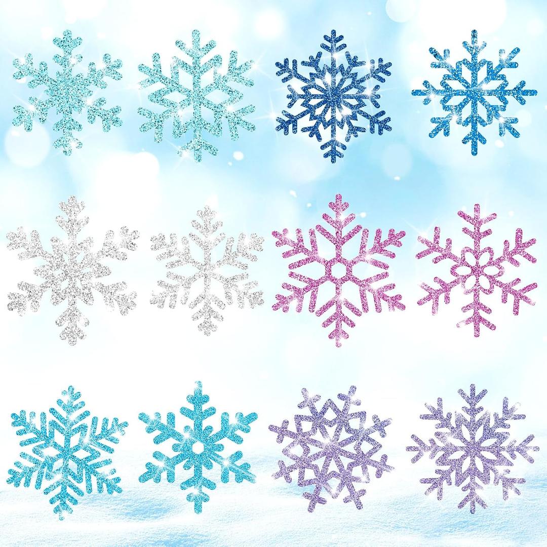 Zonon 48 Pcs Paper Snowflake Cutouts Decorations Winter Christmas Glitter Snowflake Cutouts for Office Bulletin Board with Glue Point Dots Home Party Accessories, Silver, Blue, Purple, Pink