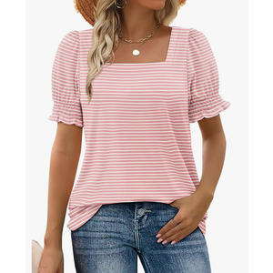 WIHOLL Tops for Women Summer Casual Ruffle Trim Sleeve Square Neck T Shirts,Size XXL
