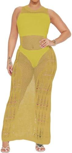 Bsubseach Bathing Suit Cover Up for Women Sexy Hollow Out Crochet Cover Up Sheer Dress Swimsuit Cover Up L