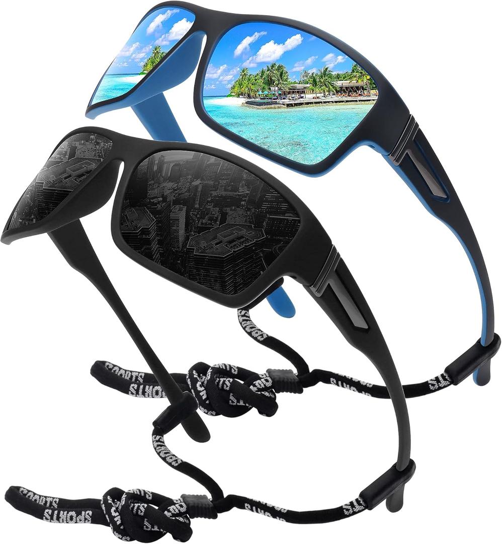 STORYCOAST Polarized Sports Sunglasses for Men Women Unbreakable Frame Cycling Fishing Driving (2pack Black+blue Mirror)