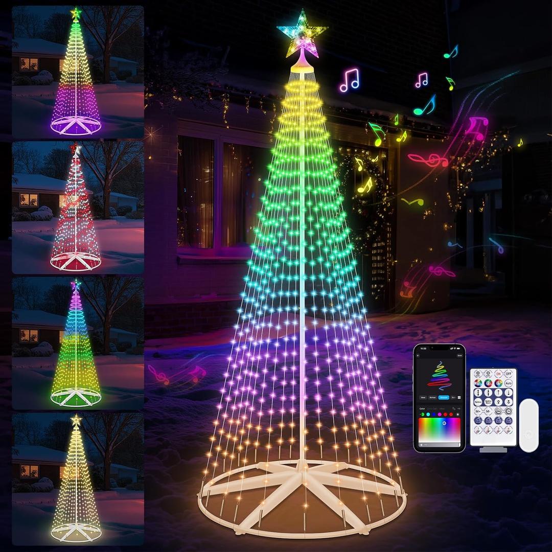 9.5FT Lighted Outdoor Christmas Tree Smart App Control, RGB Chirstmas Cone Tree Lights Music Sync, DIY Prelit Christmas Tree Lightshow, Magical Xmas String Lights Timer Remote for Indoor Outdoor Decor (Color Changing)