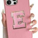 2 x Skyseaco for iPhone 15 Pro Max Case Aesthetic Monogram Phone Case with Pink Leather Embroidered Letters Shockproof Protective Cover for Women Girls, Initial E