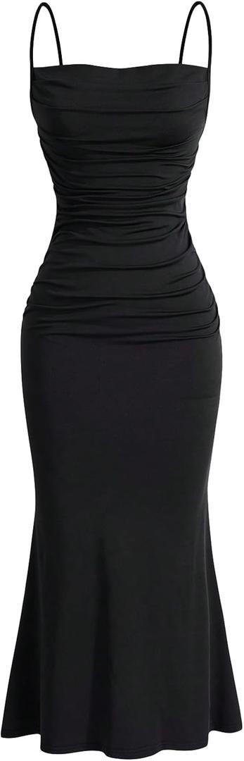 Milumia Women's Long Slip Dress Ruched Spaghetti Strap Sleeveless Fishtail Bodycon Maxi Cami Dress Black Small