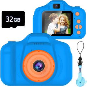 Upgrade Kids Selfie Camera, Christmas Birthday Gifts for Boys Age 3-9, HD Digital Video Cameras for Toddler, Portable Toy for 3 4 5 6 7 8 Year Old Boy with 32GB SD Card-Navy Blue (Orange)