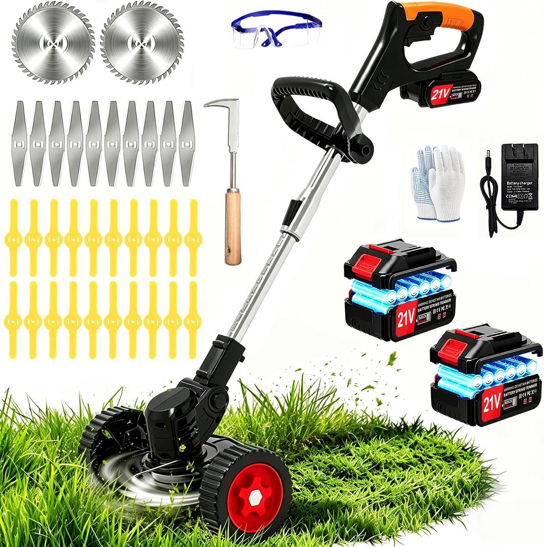 21V Electric Weed Wacker Cordless Weed Eater Battery Powered String Trimmer | Battery Operated 3-in-1 Lightweight Grass Trimmer/Brush Cutter/Lawn Edger with Wheels & Metal Blade for Yard and Garden