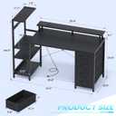 51 Inch Gaming Desk with Power Outlet and LED Lights, Computer Desk with 4 Drawers & Storage Shelves, Reversible Home Office Desk with Monitor Stand for Small Space Bedroom, Carbon Fiber Black