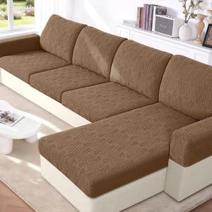 VANSOFY Stretch Couch Cushion Covers for Sectional Sofa, Light Coffee | 4 Pieces Set, Fits 3 Seater and 1 Chaise Cushions Cover, Jacquard Soft, Elastic Bottom, Washable Non Slip Sofa Slipcover, Light Coffee, 3PC Seater+1 Chaise Cover