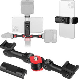 ChromLives Cold Shoe Mount Adapter with Phone Clip,Rotatable Dual Cold Shoe Extension Bracket Hot Shoe Mount Adapter for Led Light/Microphone (Red)