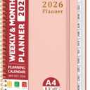 2026 Planner, Weekly and Monthly Calendar Planner, January 2026 - December 2026, Hardcover 2026 Calendar Book with Tabs For Women & Men, Inner Pocket, Spiral Bound, Perfect for Office Home School Supplies - A4 (8.5" x 11"), Pink