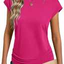 GKBK Womens Summer Cotton Tops Ruched Cap Short Sleeve Tshirts Crew Neck Shirts Fashion Trendy 2026 (Pink, L)