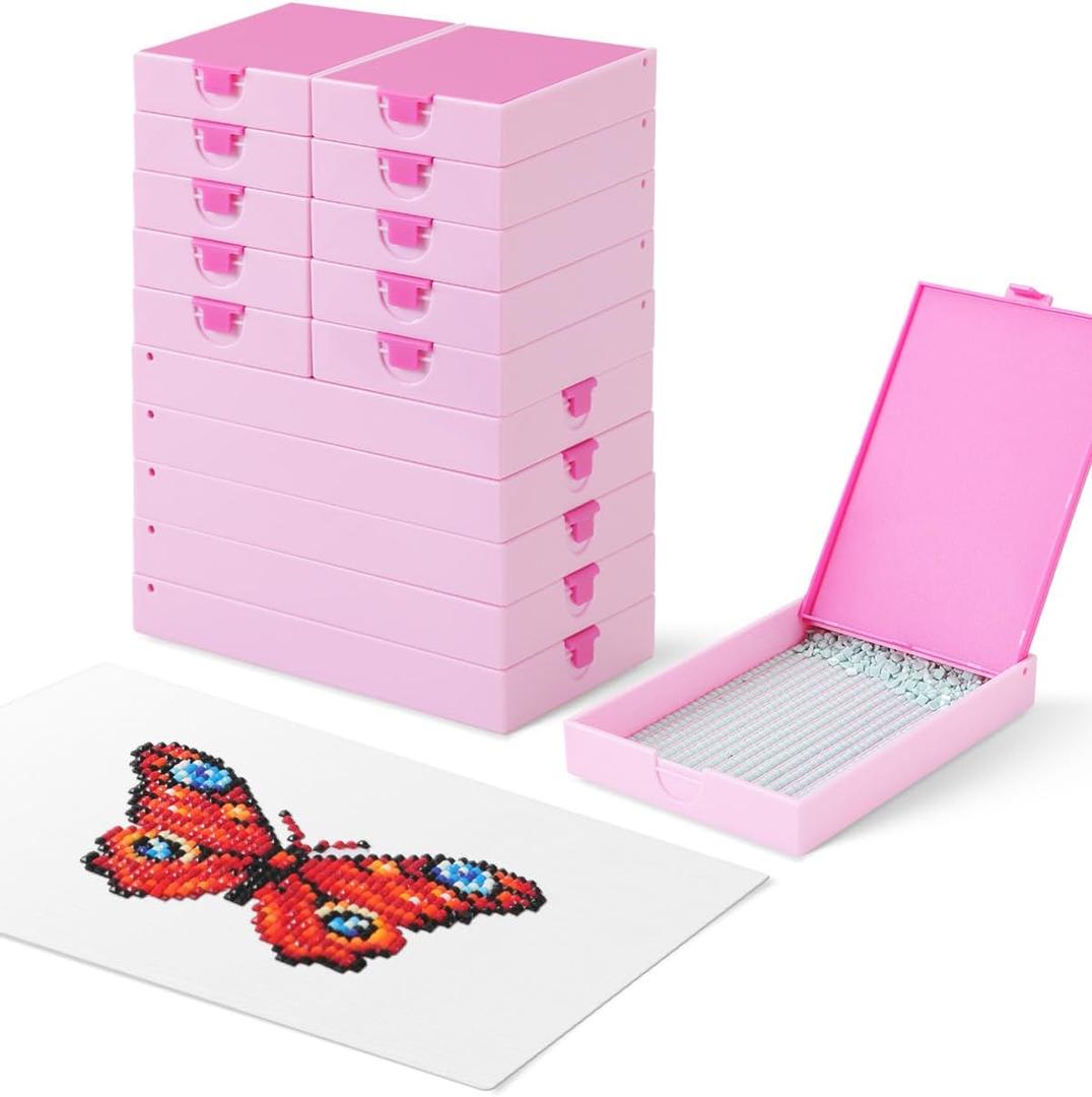 CATEARED 2-in-1 Diamond Art Trays With Lids,Anti-static Diamond Art Storage Containers, Diamond Art Accessories Diamond Painting Trays with Lids & Line-Up, Box Package (Light Pink, 15 piece Tray Kit)