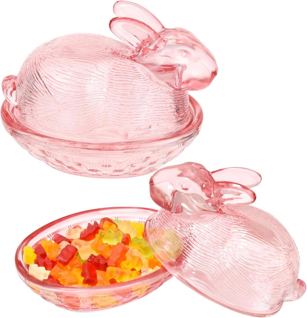 CIEOVO 2 Pieces Easter Pink Glass Candy Dish with Lid Covered Candy Jar Cookie Storage Container for Easter Holiday Office Kitchen Food Storage Home Table Desk Decorations, one size