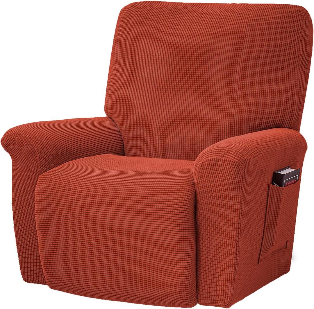 CONRUSER Stretch Recliner Chair Covers, 4-Piece Soft Sofa Cover Thick Single Seat Couch Cover Jacquard Recliner Slipcover with Pocket (Redbrown)