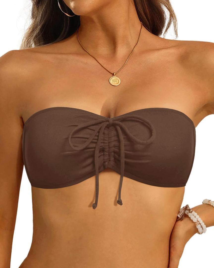 Tempt Me Women Bandeau Bikini Top Strapless Swim Tops Tube Halter Swimsuit Top Only (Brown)