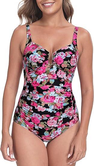 Itzel Women's Ruched One Piece Swimsuit Tummy Control U Wire Push Up Full Coverage Bathing Suits Black Pink Floral, 10