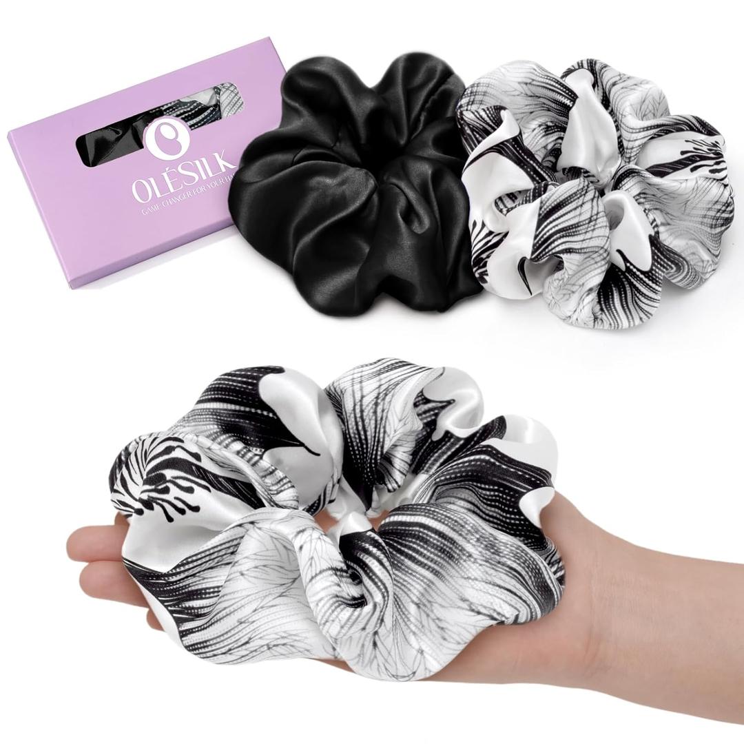 OLESILK Silk Scrunchies Oversized 100% Mulberry: Large for Women& Girls Long Thick Hair, Soft Smooth for No Damage Hair Care Sleeping (1 Count (Pack of 2), Floral 01)