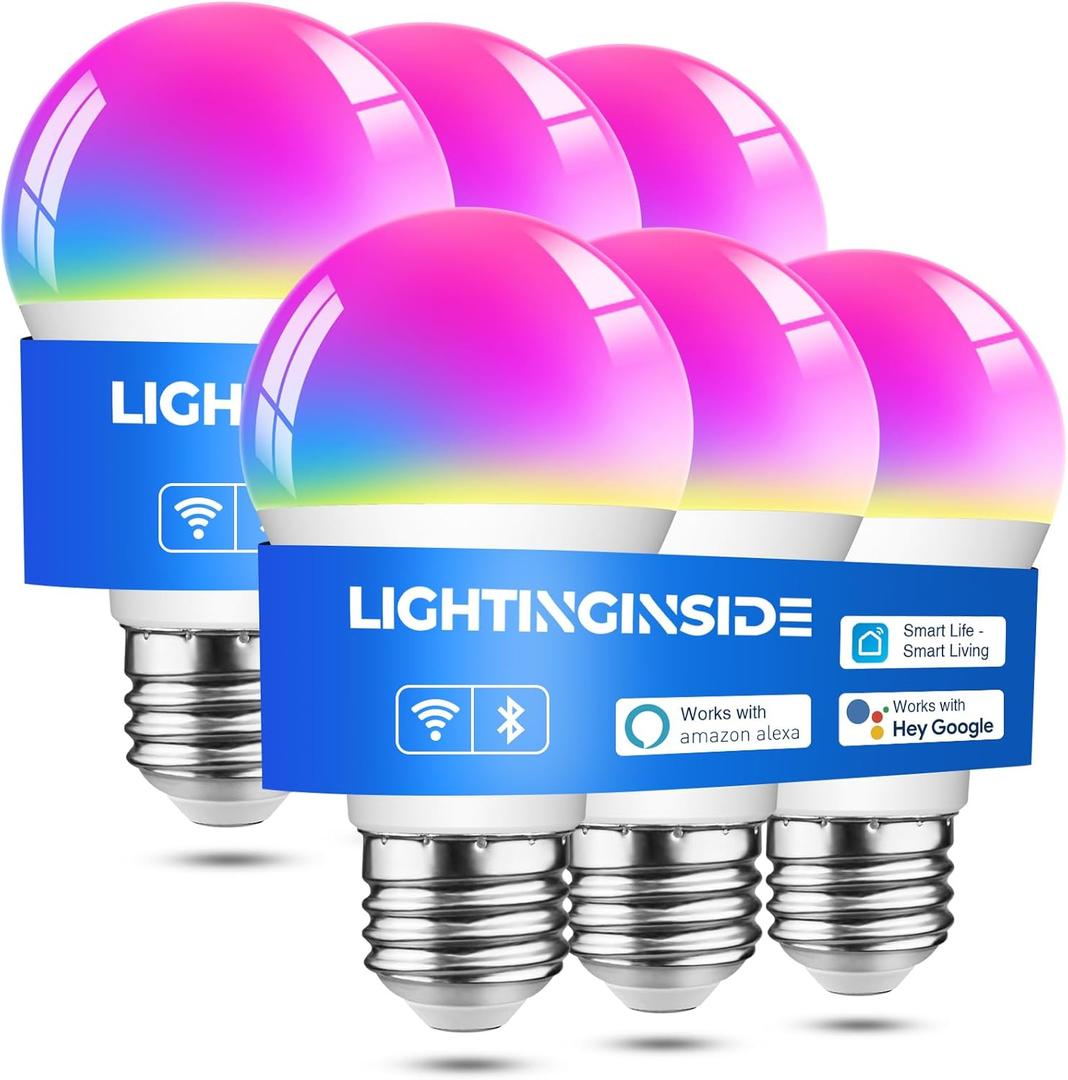 Lightinginside Smart Light Bulbs 6 Pack, Smart Bulb Works with Alexa/Google Home/Smart Life, CRI>90, RGBCW Color Changing LED Light Bulbs, 2.4G WiFi Bluetooth A19 E26 Bulb, No Hub Required
