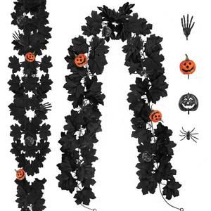 2X 6.6FT Black Maple Leaf Garland, Artificial Autumn Maple Leaf, Halloween Decoration Leaves Wall Decor for Fireplace Mantel, Stairs, Home Decor